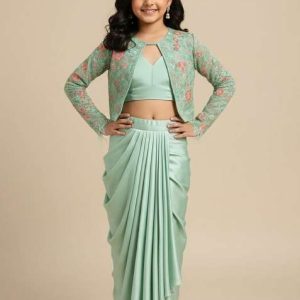 mint green satin embroidered fusion set for girls