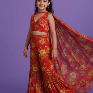 brown satin floral print fusion set for girls