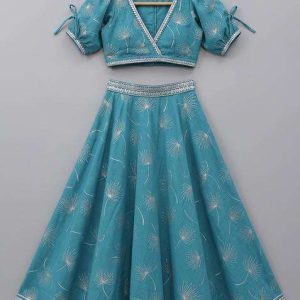 girls blue floral print silk crop top skirt set