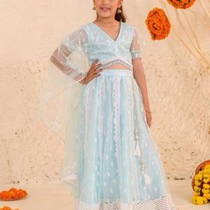 blue embroidered lehenga with blouse with dupatta (set of 3)