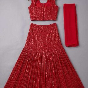 girls red sequin net lehenga set