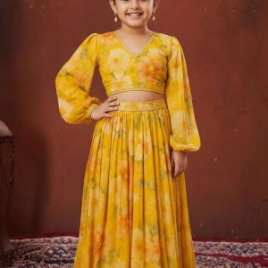 yellow chiffon floral print fusion set for girls