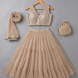 girls beige sequin georgette lehenga set