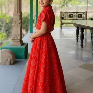 tomato red chiffon abstract print fusion set for girls