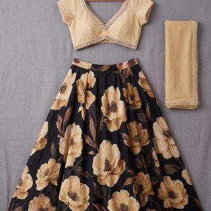 girls black floral print crepe lehenga set