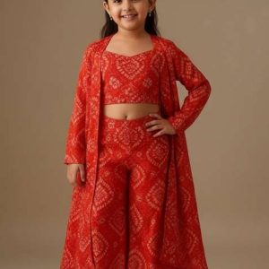 red organza figure print fusion set for girls