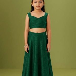 bottle green net embellished fusion set for girls